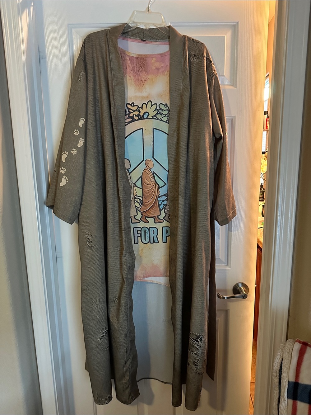 Long Taupe Open Front Duster Cardigan with Paw Print Detail